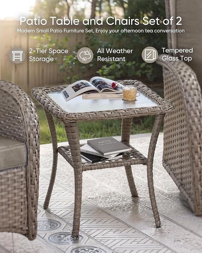 HUMMUH 3 Piece Outdoor Rocking Chairs Bistro Set-All Weather Wicker Outdoor Swivel Chairs Set of 2 with Side Table Small Patio Furniture Set for Deck Lawn Porch Balcony Poolside-Grey/Grey