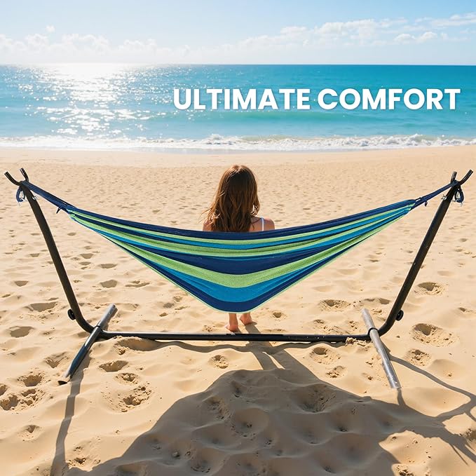 Sweetcrispy Double Hammock with Space Saving Steel Stand Heavy Duty 2 Person Standing Hammocks 450lb Capacity for Outside Garden Yard with Portable Carrying Bag