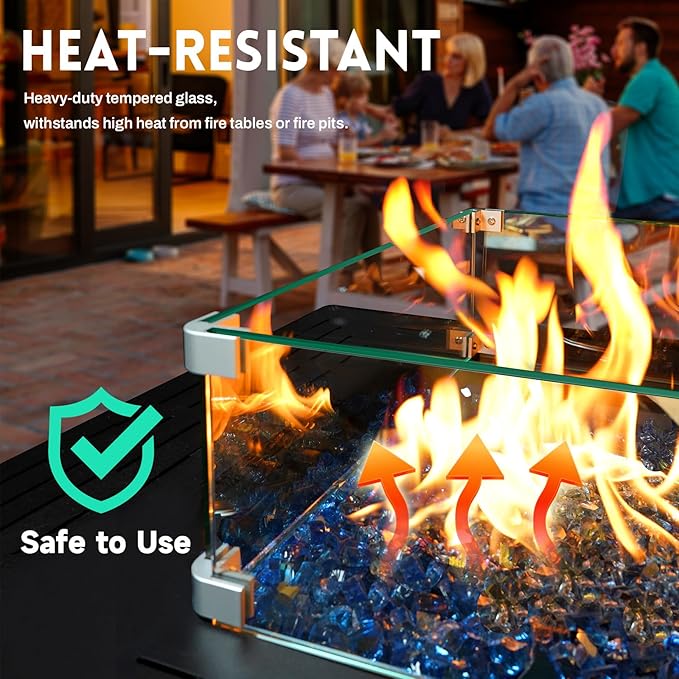 Fire Pit Wind Guard, 31.5" x 14.5" Square Tempered Glass Wind Shield for Firepit & Fire Table, Thick Glass and Easy Installation with Included Tools, Airflow Management for Stable Flame