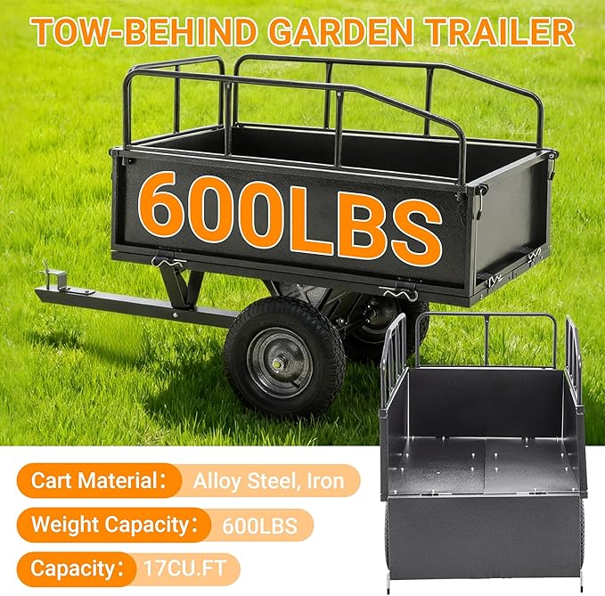 Heavy Duty ATV UTV Trailer Tow Behind Dump Cart, Yard Garden Trailer Pull Behind Dump for Lawn Mower Tractor Garden Waste (600pound&17cu.ft)