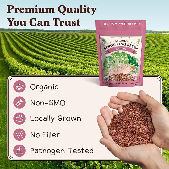 Seedboy Organic Non-GMO Radish Seeds for Sprouting - USA Grown Microgreens Sprouting Seeds - 8 oz Bag Makes 8 Quarts / 24 Servings (Daikon Radish)