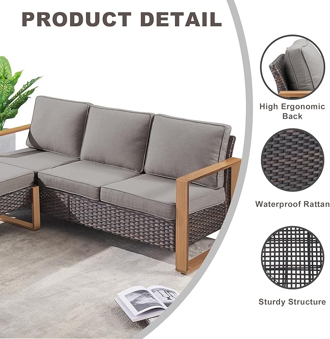 Rilyson Outdoor Wicker Patio Furniture Set - 8 Piece Patio Conversation Set with 4 Wicker Swivel Rocker Chairs,2 Rattan Ottoman 1 Side Table and 1 Couch,Thick Cushions,Deep Seating(Brown/Grey)