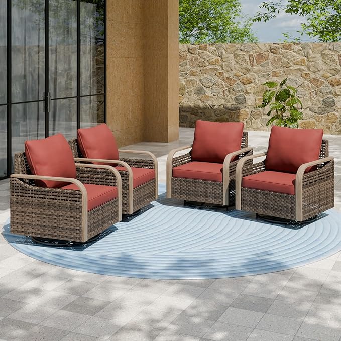 EAGLE PEAK Modern Wicker Outdoor Glider Rocking Chair, Swivel Rocker, Rattan Patio Furniture for Yard Deck Porch Garden, 4 Chairs, Brown/Red