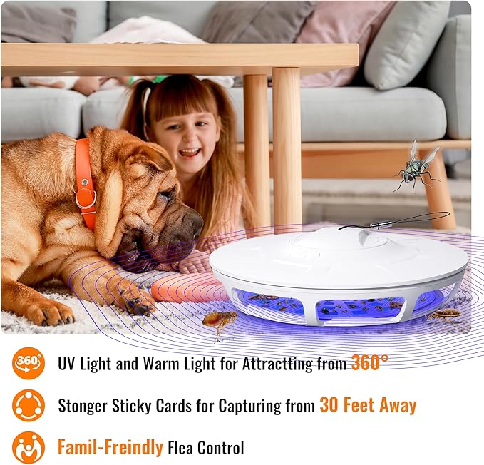Mosalogic Electric Flea Trap and Killer for Inside Your Home Indoor Fly Light Trap-Natural and Child-Friendly Indoor Flea Control Solution for Home & Garage with 5 Glue Disc Refills