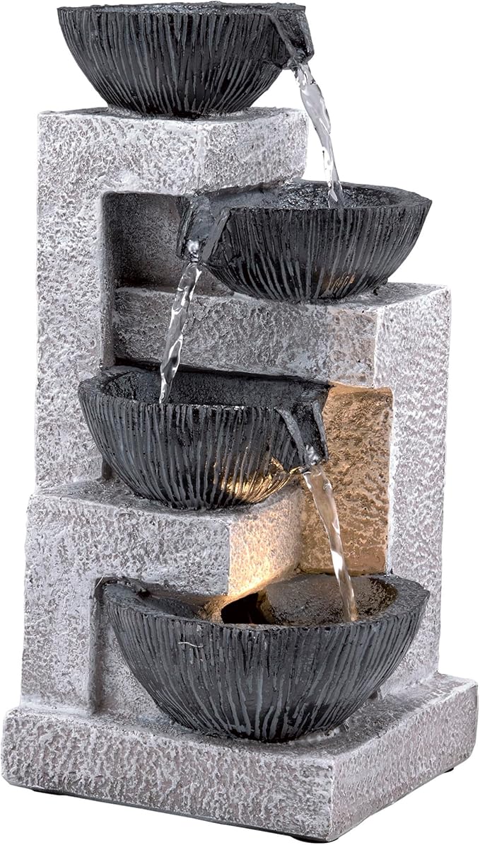 Alpine Corporation WIN1578 14" Cascading Tabletop Bowl Fountain with LED Lights – Elegant Water Fountain for Home, Office, Living Room, Bedroom, and Desk, Gray