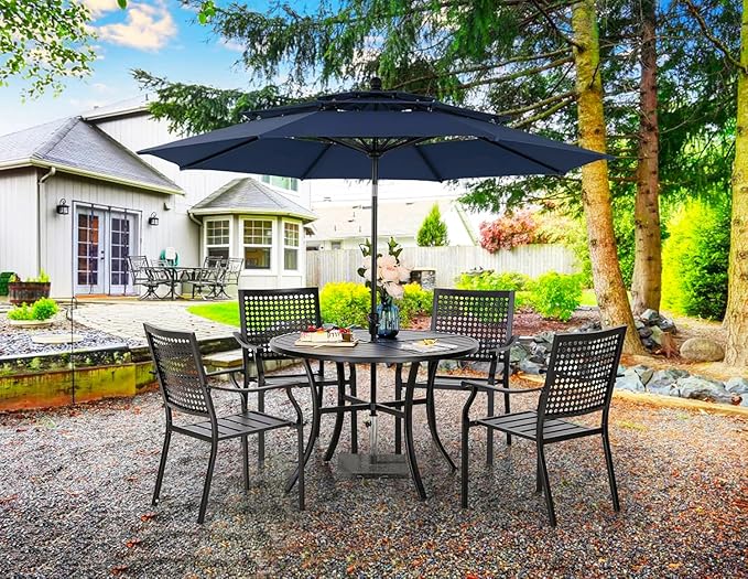 PHI VILLA Outdoor Round Dining Table for 4, 42" Large Metal Wrought Iron Table with Umbrella Hole, All Weather Dining Furniture for Patio, Deck, Yard, Porch - Black