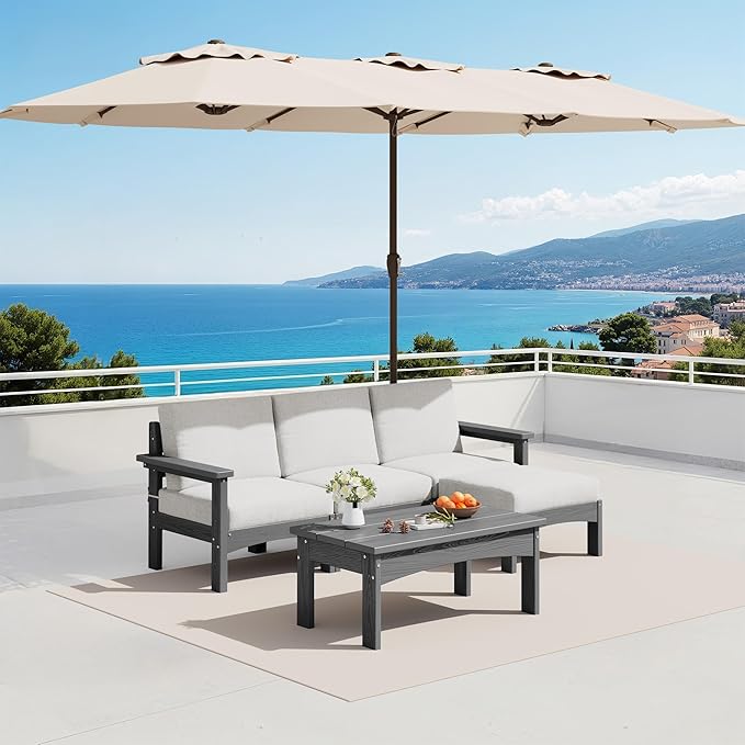 SERWALL 5-Piece Patio Sofas with 15FT Double Side Patio Umbrella, All-Weather HDPE Outdoor Sectional Sofa, Large Modular Patio Conversation Set for Garden, Deck, Porch, Grey Frame with Khaki Cushion