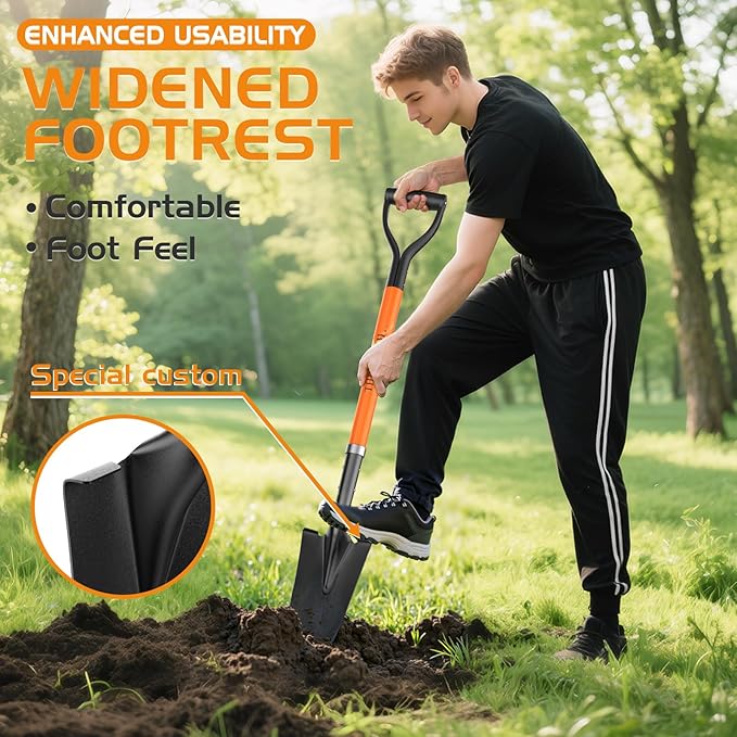 HIGHLIGHT Spade Shovel, Transplanting Spade, Drain Spade, Spade Shovels for Digging, Sharp Shooter Shovel or Spade, 45Inch, Stell D-Grip,Fiberglass Handle, Orange