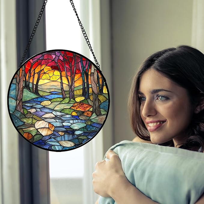 AMDERVEN Stained Glass Window Hanging, Red Tree Abstract Sunset Lake Sun Catcher for Window Home Decor Landscape Suncatcher Mother's Day Birthday Gifts for Women Men Mom and Nana 6.3 in