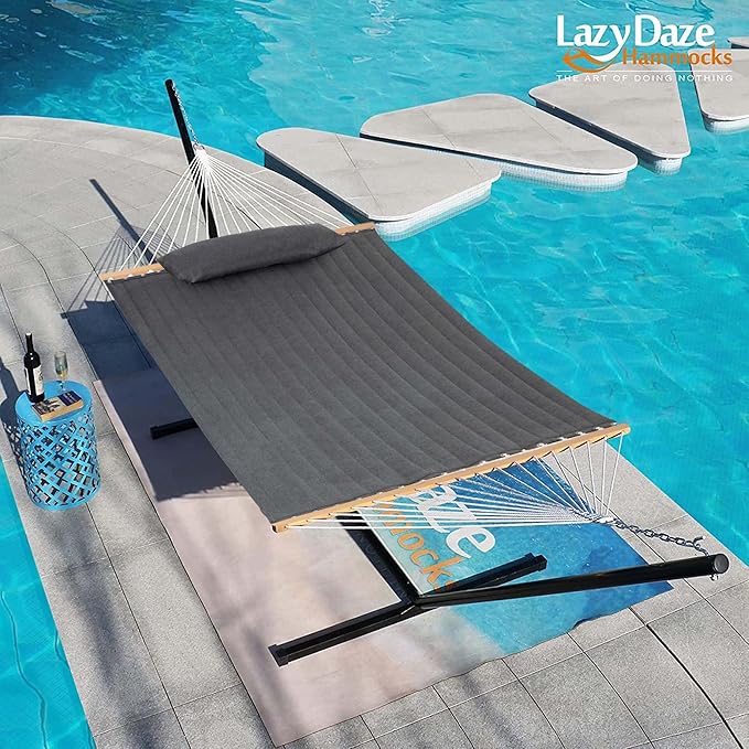 Lazy Daze Hammocks 12 FT Sunbrella Quilted Hammock Double Hammock with Hardwood Spreader Bar, for Patio Outdoor Outside All Weather, 450 lbs Capacity, Cast Slate