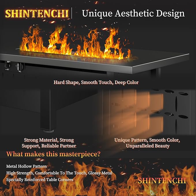 Shintenchi 43 Inch Fire Pit Table, 50,000 BTU Outdoor Propane Fire Table, Outdoor Steel Propane Fire Pit with Lid and Lava Rock for Garden, Yard, Camping, Pool Use, Charcoal Black