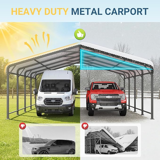 Wisteria Lane 20'x20' Metal Carport with Updated Roof & Enhanced Base, Heavy Duty Canopy Carport Garage, Vertaile for Car, Truck, Boat, Tractors, Party, Dark Gray