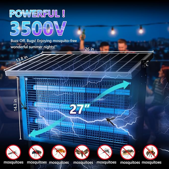 Powerful Super Large Solar Bug Zapper Outdoor for 8000 sq.ft, Poartable Rechargeable Mosquito Zapper with High Powered, Cordless Solar Zapper for Patio Garden Backyard RV Camping with 30W Solar Panel