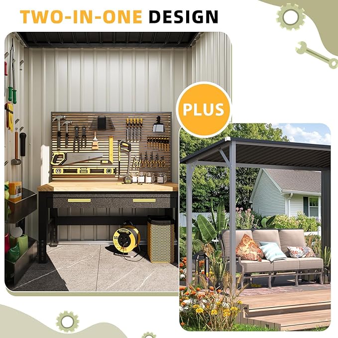 AECOJOY Outdoor Open-Sided Storage Shed Metal Shed, 8x4 Sheds & Outdoor Storage with 56 Sq. Ft Covered, 4'x8' 2-in-1 Tool Shed with Attached Hardtop Metal 6‘x4’ Gazebo