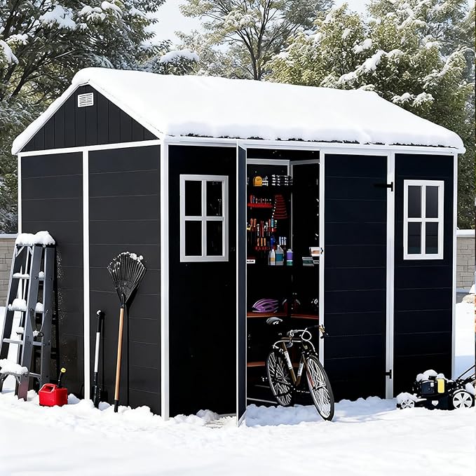 Outdoor Storage Shed 7.5x7 FT, Resin Shed with Floor & Window, Lockable Door, Vents, Outside Sheds & Garden Shed for Patio Furniture, Gardening Tools, Pool Equipment (Dark Gray, 7.5x7ft)