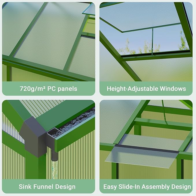 Greenhouse, 8x12 FT Greenhouse for Outdoors, Walk-in Green House with Ground Nails and Vent Windows, Sliding Lockable Door, Polycarbonate Greenhouses for Outside Garden Backyard, Quick Setup, Green