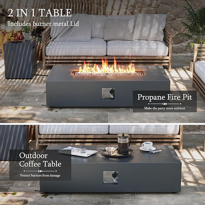 UPHA 56-inch Outdoor Propane Gas Fire Pit Table 50000 BTU Iron Rectangle Firepit for Outside Patio with Tank Hidden Table, Removable Lid, Blue Glass Rocks, Rain Cover, Grey