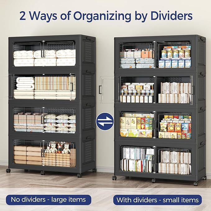 160Gal Stackable Storage Bins with Lid, 640Qt Extra Large Collapsible Storage Box with Wheels, Dividers, Folding Plastic Cabinet Closet Organizers for Home Kitchen Office Dorm, 4Pack Black
