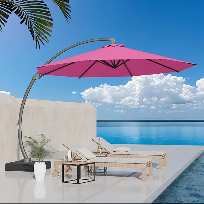 Kingdura 11ft Cantilever Patio Umbrella with Base Included, Large Round Offset Outdoor Pool Umbrella, 360° Rotation & Infinite Tilt, Heavy Duty Aluminum Frame for Deck Backyard, Rose Pink