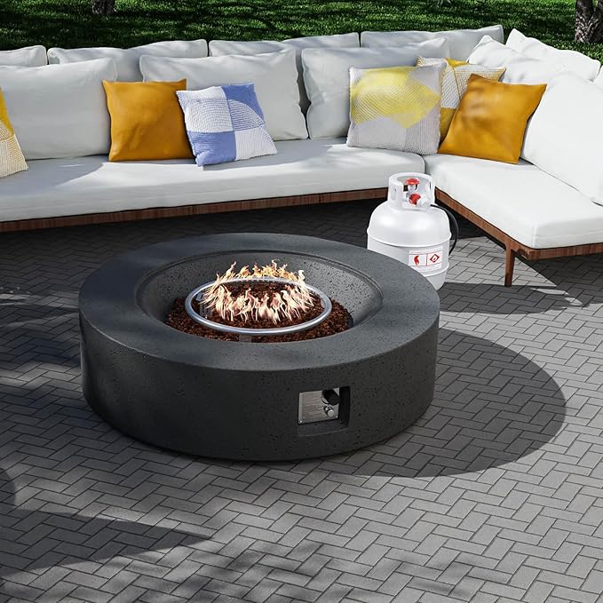 SUNBURY Outdoor Travertine Fire Pit Table, 42 inches Round Propane Gas Patio Fire Pit 50,000 BTU Concrete, Circular Base Firepit with Lava Rocks, Waterproof Cover (Grey)