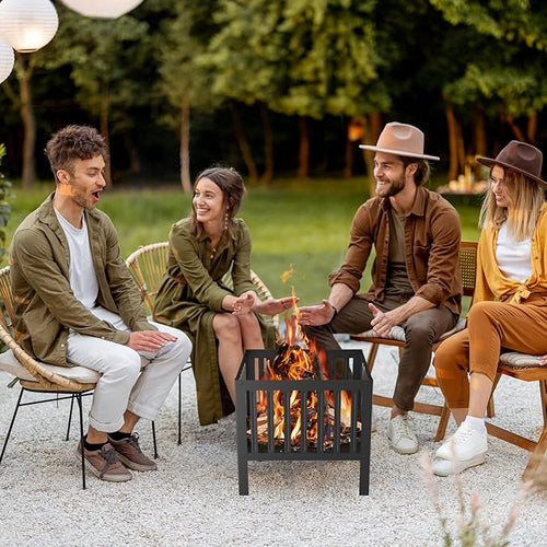 16 x 16 Inches Square Fire Pit/Bonfire Pit - Perfect for Garden Family Parties & Camping - Durable and Portable Design for Outdoor Enjoyment,Four-Sided Hollow and Breathable,Black