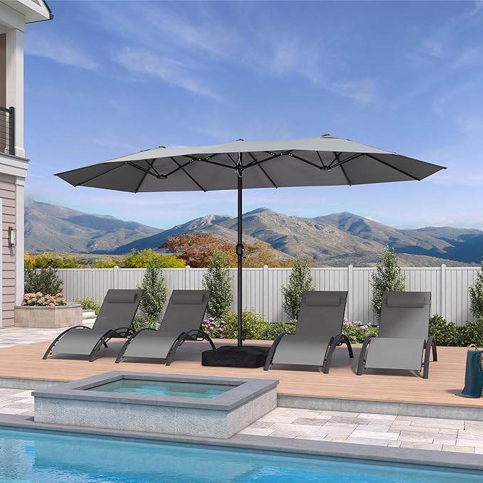 PURPLE LEAF 14ft Patio Market Umbrella with Base Double-Sided Rectangle Outdoor Table Sun Umbrellas with Crank 12 Heavy Duty Sturdy Ribs for Pool Beach Deck Backyard Light Gray
