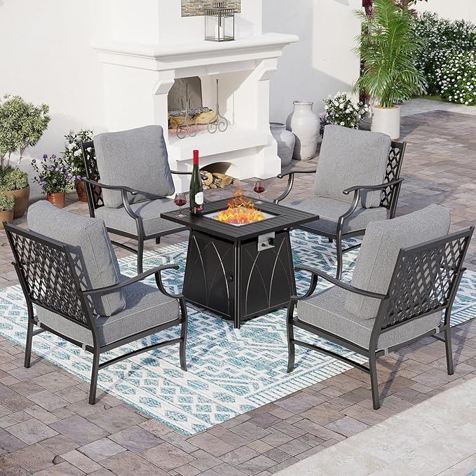 SUNSHINE VALLEY 5 Piece Metal Outdoor Patio Furniture Set with Fire Pit Table, Patio Conversation Sets 4 Fixed Chairs with 5.75" Thick Cushion and 5000 BTU Fire Pit Table, Backyard Furniture, Gray