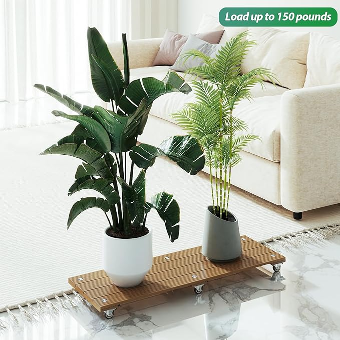 mondaria 2 Pack Plant Caddy with Wheels, Wood Plastic Composite Plant Stand, Heavy Duty Rectangular Plant Dolly with Metal 360° Lockable Caster Wheels for Large Plant Pots, Flower Pot ,Brown