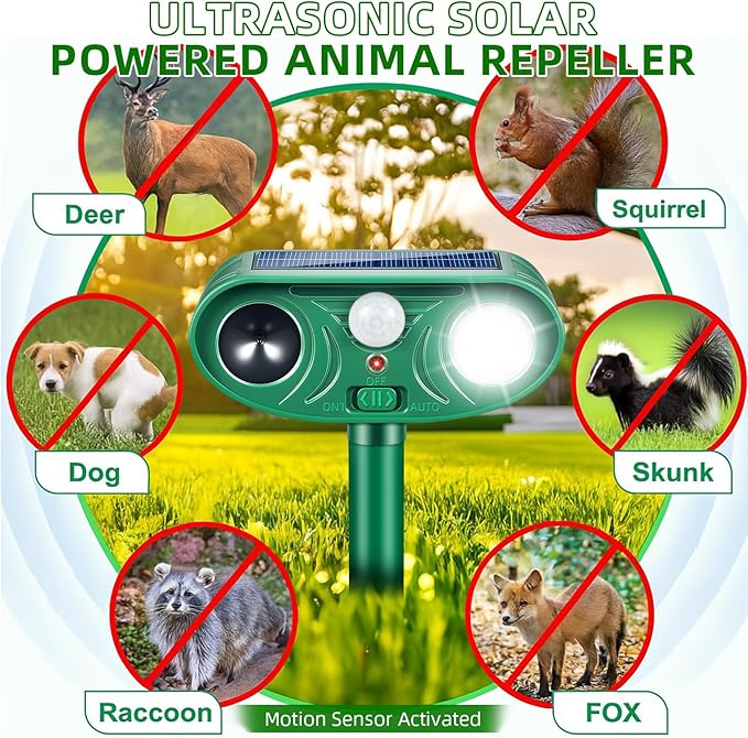 Solar Ultrasonic Animal Repellent Outdoor 2 Pack Cat Rabbit Squirrel Dog Deer Repellent Devices Coyote Skunk Raccoon Fox Deterrents Light Animal Repeller with Motion Sensor for Yard Garden