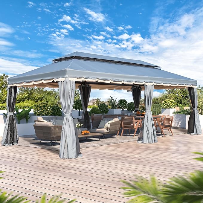 MELLCOM Grey 10x20 Outdoor Patio Canopy Gazebo, Double Roof Patio Pergolas Steel Frame with Netting and Shade Curtains for Garden,Party Canopy