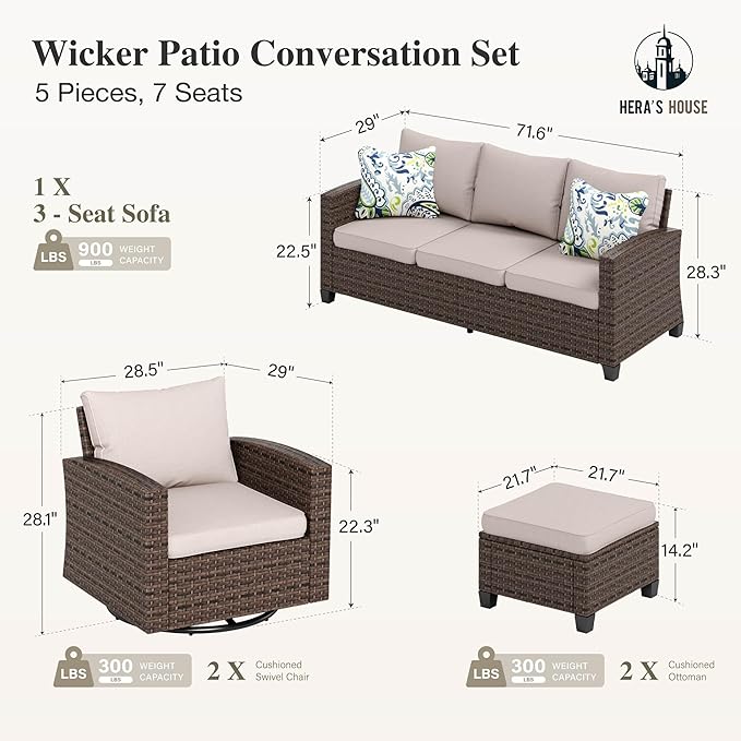 HERA'S HOUSE Wicker Patio Furniture Set with Swivel Glide Chairs, 5 Pieces Outdoor Conversation Sofa Sets with Cushions for Deck Lawn Backyard, Beige