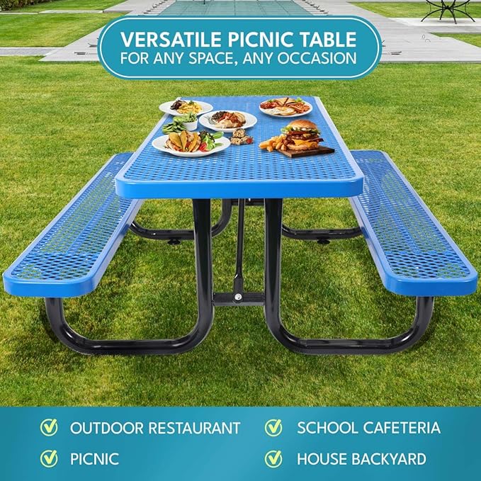 Phyfalip 6 ft. Rectangular Outdoor Steel Picnic Table with Umbrella Pole, Heavy-Duty Weather-Resistant Dining Table for Patio, Backyard, and Garden, Rust-Resistant Finish, Blue