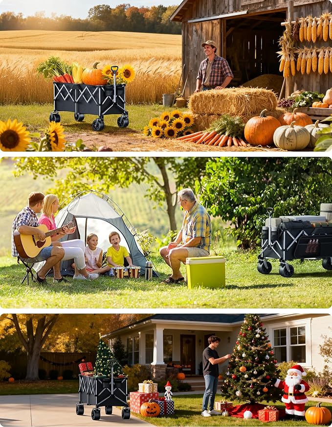 Wagons Carts Foldable Heavy Duty,440lbs Capacity & 350L Collapsible Utility Cart with Big All Terrain Wheels for Beach, Garden, Camping, Grocery Coal Black
