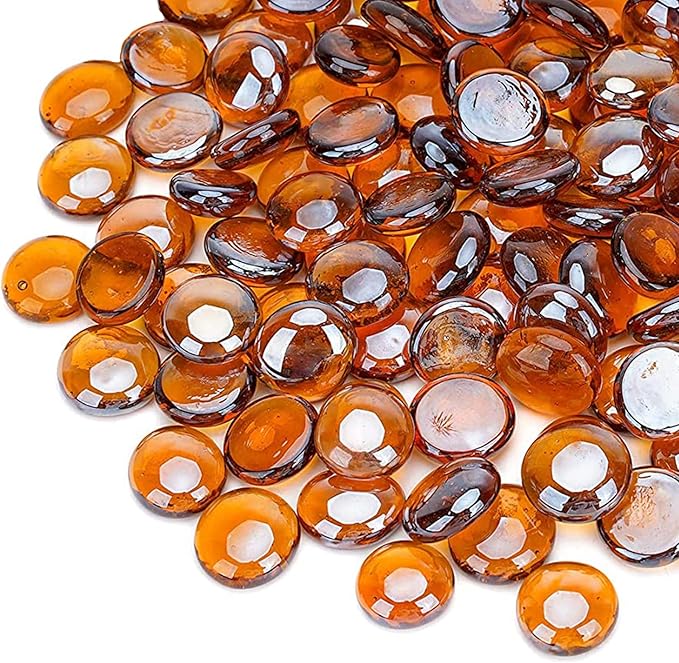 onlyfire 10 Pounds Fire Glass Beads for Propane Fire Pit and Gas Fireplace, 1/2 Inch Round Firepit Glass Rocks Flat Marbles for Fire Pit Table, Caramel
