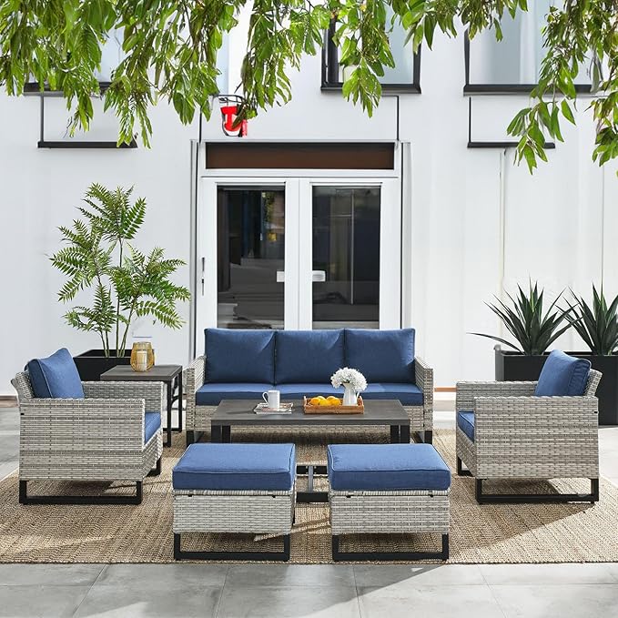 HUMMUH 7 Piece Patio Furniture All Weather Wicker Outdoor Sectional Sofa with Side Table,High Back Patio Chairs,Coffee Table and Ottomans Set for Porch,Garden,Backyard