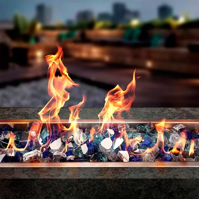 Onlyfire 10 Pounds Blended Reflective Fire Glass for Fire Pit Fireplace and Landscaping, 1/4 Inch Mixed Colored High Luster Fireglass Rocks for Outdoor ＆ Indoor Use - Aqua Blue+Platinum+Cobalt Blue