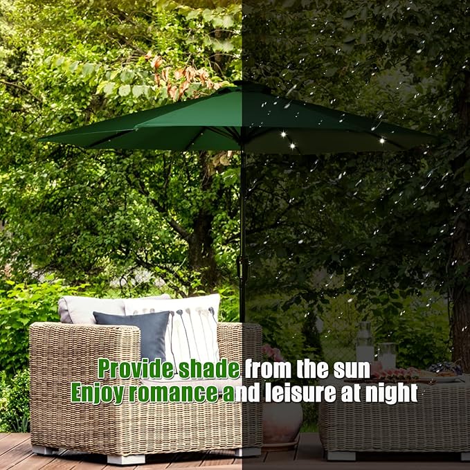 9FT Solar Umbrella 32 LED Patio Umbrellas with Tilt and Crank,Table Market Outdoor Umbrella for Garden,8 Ribs