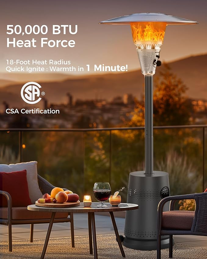 50,000 BTU Patio Heater for Outdoor Use, Portable Propane Patio Heater with Wheels, Stainless Steel Burner for Porch Deck Garden (Basic Black)