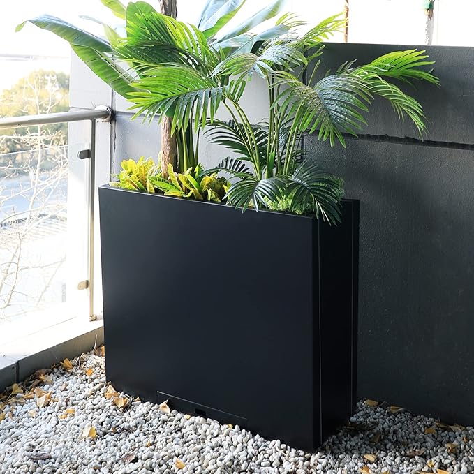 KOL 32" H Metal Steel Rectangular Planter Box Planters for Indoor Outdoor, Tall Heavy Duty Modern Flower Plant Pot with Water Collecting Tray, Black, Commercial Residential (36" L.x11 W.x32 H.)