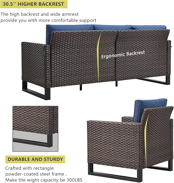 HUMMUH 8 Piece Patio Furniture Set PE Wicker Outdoor Sectional Sofa and Patio Swivel Chairs Outdoor Dining Table Ottomans for Porch,Garden,Backyard,Deck(Brown/Blue)