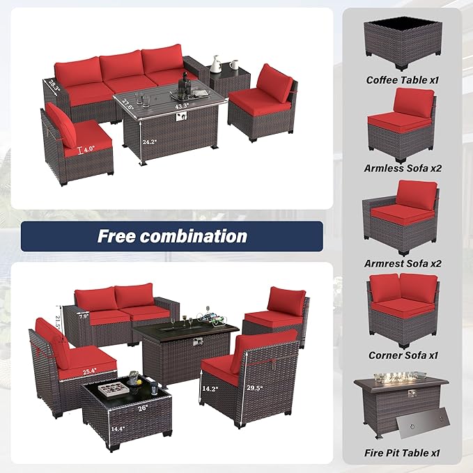 Kurapika 7 Pieces Patio Furniture Set, Rattan Outdoor Conversation Sets w/43in Propane Fire Pit Table and 4 Inch Cushion(Red)