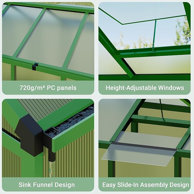 Greenhouse, 6x8 Ft Outdoor Greenhouses, Accessible Green House with Roof Vents and Sliding Doors, Aluminum Frame Polycarbonate Greenhouses, Large Greenhouse for Outdoor Gardens and Backyards, Green