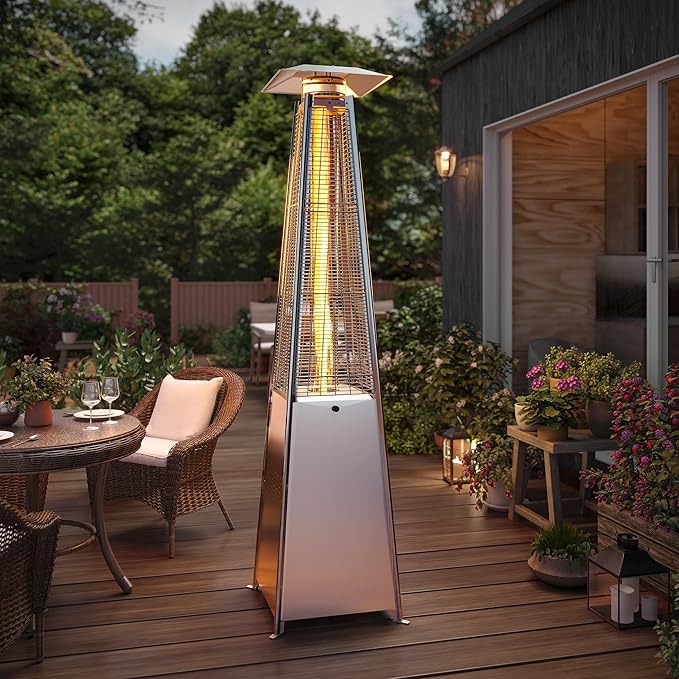 LAUSAINT HOME Pyramid Patio Heaters for Outdoor Use, 48,000 BTU Outdoor Propane Heaters for Patio with Cover & Wheels, 87" Tall Quartz Glass Tube Flame Heater for Deck, Party, Commercial, Restaurant
