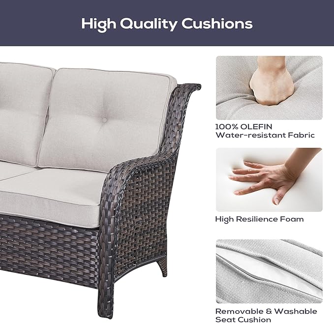 Belord Outdoor Furniture Sectional Sofa L Shaped Couch - Patio Wicker Set with 2 Swivel Glider Chairs, 5 Piece Rattan Patio Conversation Sets with Beige Cushion for Deck Backyard Sunroom