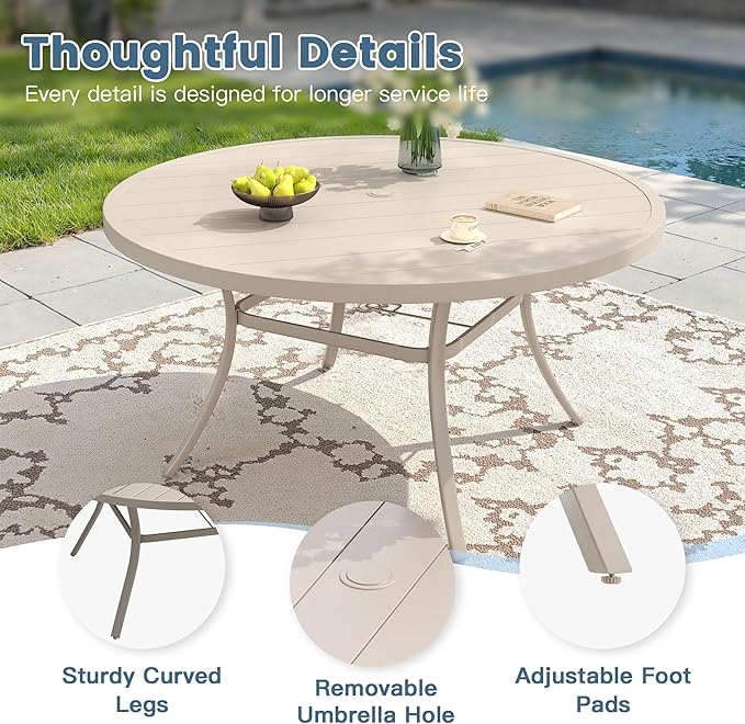 DIFY 60" Round Outdoor Patio Dining Table for 8-10, Metal Patio Table with 1.57" Adjustable Umbrella Hole, All-Weather Dining Furniture Table for Backyard Lawn Garden, Cream