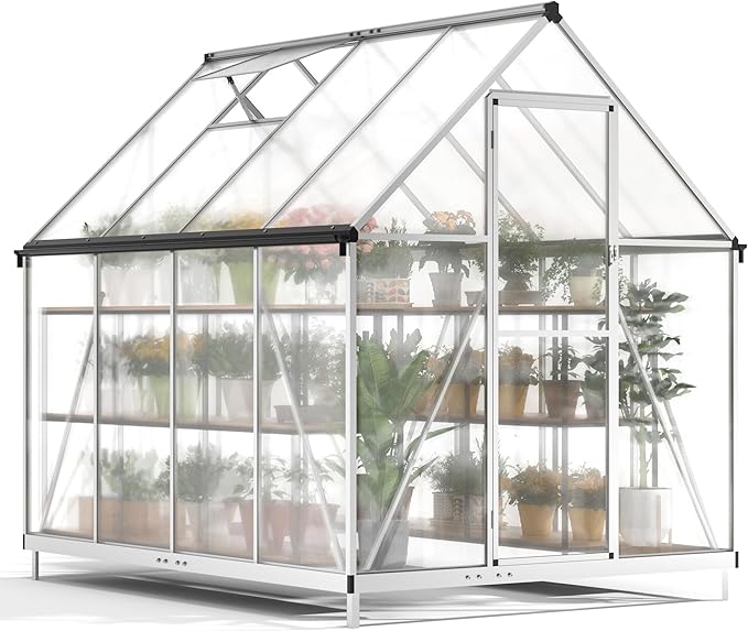 6x8 FT Greenhouse for Outdoors, Polycarbonate Green House with Quick Assembly Structure and Roof Vent, Large Aluminum Walk-in Green House for Outside Garden Backyard, Silver