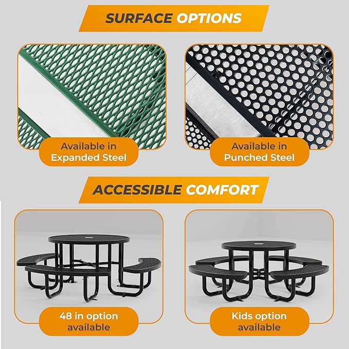 Metal Picnic Tables for Outdoors with Umbrella Hole - Coated Steel Heavy Duty Commercial Grade Furniture Set with Adjustable Seats (Green, 38 in, Round, Expanded Steel)
