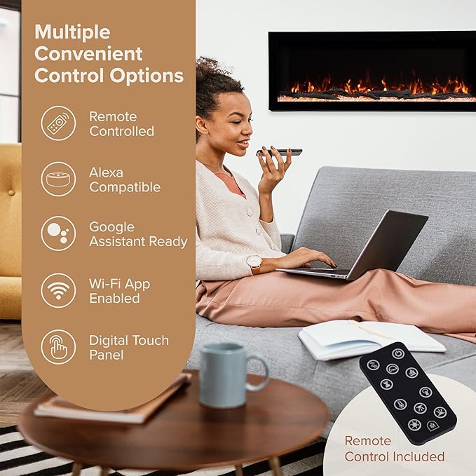 Modern Ember Highmark 60 Inch Smart Linear Electric Fireplace - Premium Flame with 10 Colors, Sleek Hidden Vent Design, Install Recessed in-Wall or Wall-Mount, WiFi Enabled.