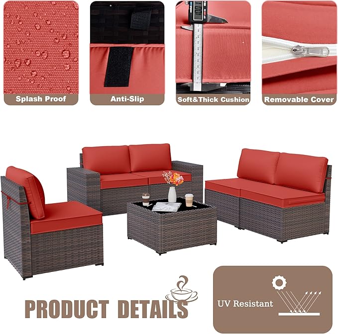 Kurapika 6 Pieces Patio Furniture Set, Rattan Wicker Outdoor Conversation Sets w/4 Inch Cushion and Glass Coffee Table(Red)