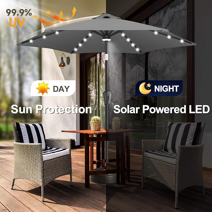 FLAME&SHADE 7.5 ft Solar Powered Outdoor Market Patio Table Umbrella with LED Lights and Tilt, Anthracite